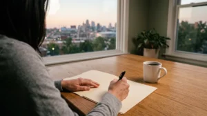Hands resting on a folder of blank papers on a table with the Kansas City skyline in the window at dusk